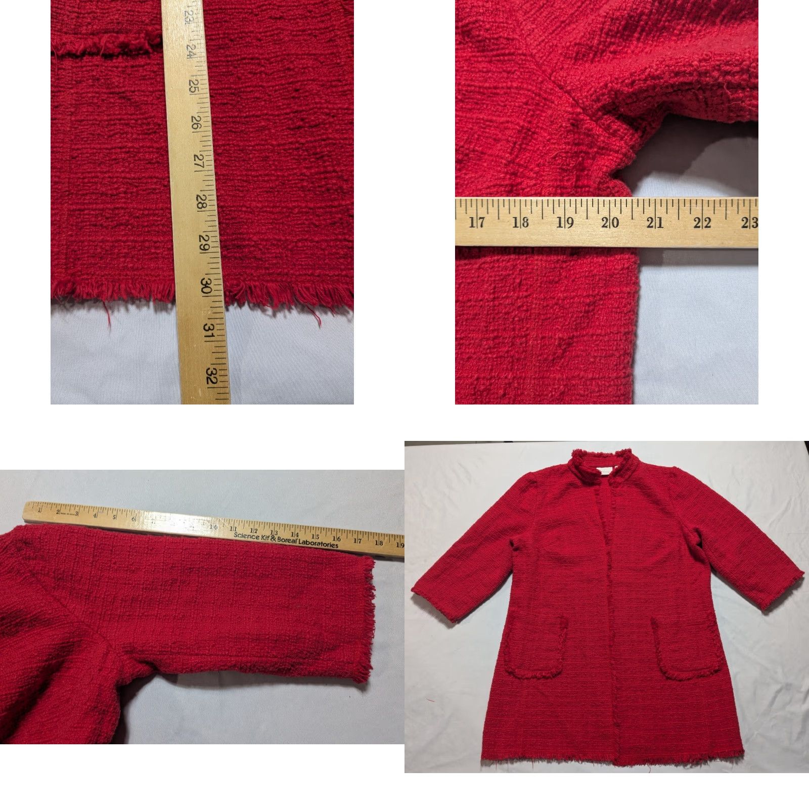 Vintage Chicos Raw-Edge Tweed Jacket Duster Cardigan Mandarin Collar Red Size L Large Womens Sweater Knit Open Front Size L / US 10 / IT 46 - 8 Thumbnail