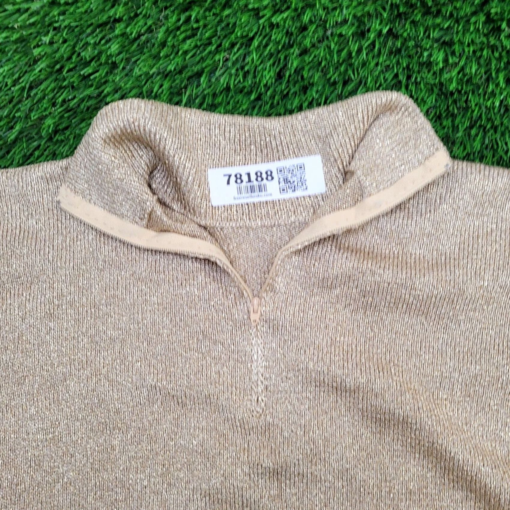 Vintage VINTAGE Gold Metallic 1/4 Zip Sweater - Cropped, Long Sleeve, Mock Neck, Lurex Knit Top Glam 80s Ladies M Size M / US 6-8 / IT 42-44 - 2 Thumbnail