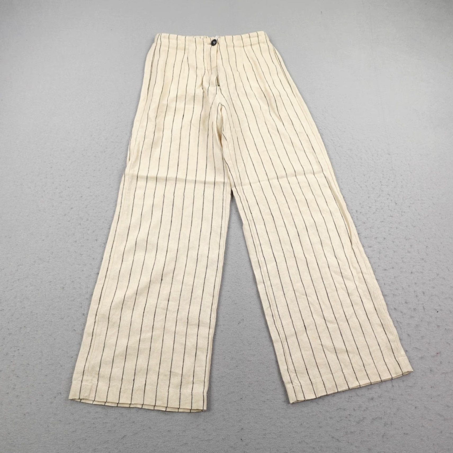 Vintage Pomandère Pants Womens 6 Beige Linen Pinstripe High Rise Wide Leg Baggy Chino Pants, Relaxed, 30 Inseam, Elastic Waist, Pockets, Striped, 0? Size 28" / US 6 / IT 42 - 2 Thumbnail