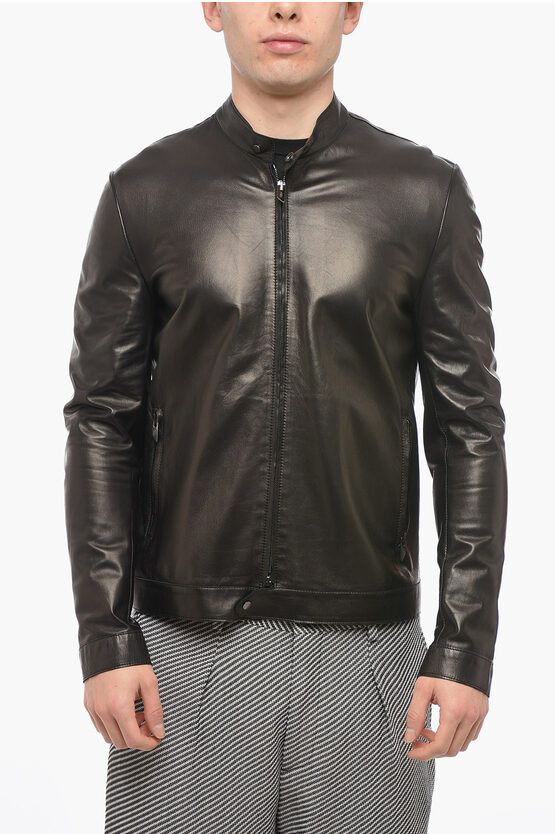 image of Salvatore Santoro Leather Biker Jacket With Zipped Fastening in Black, Men's (Size XL)