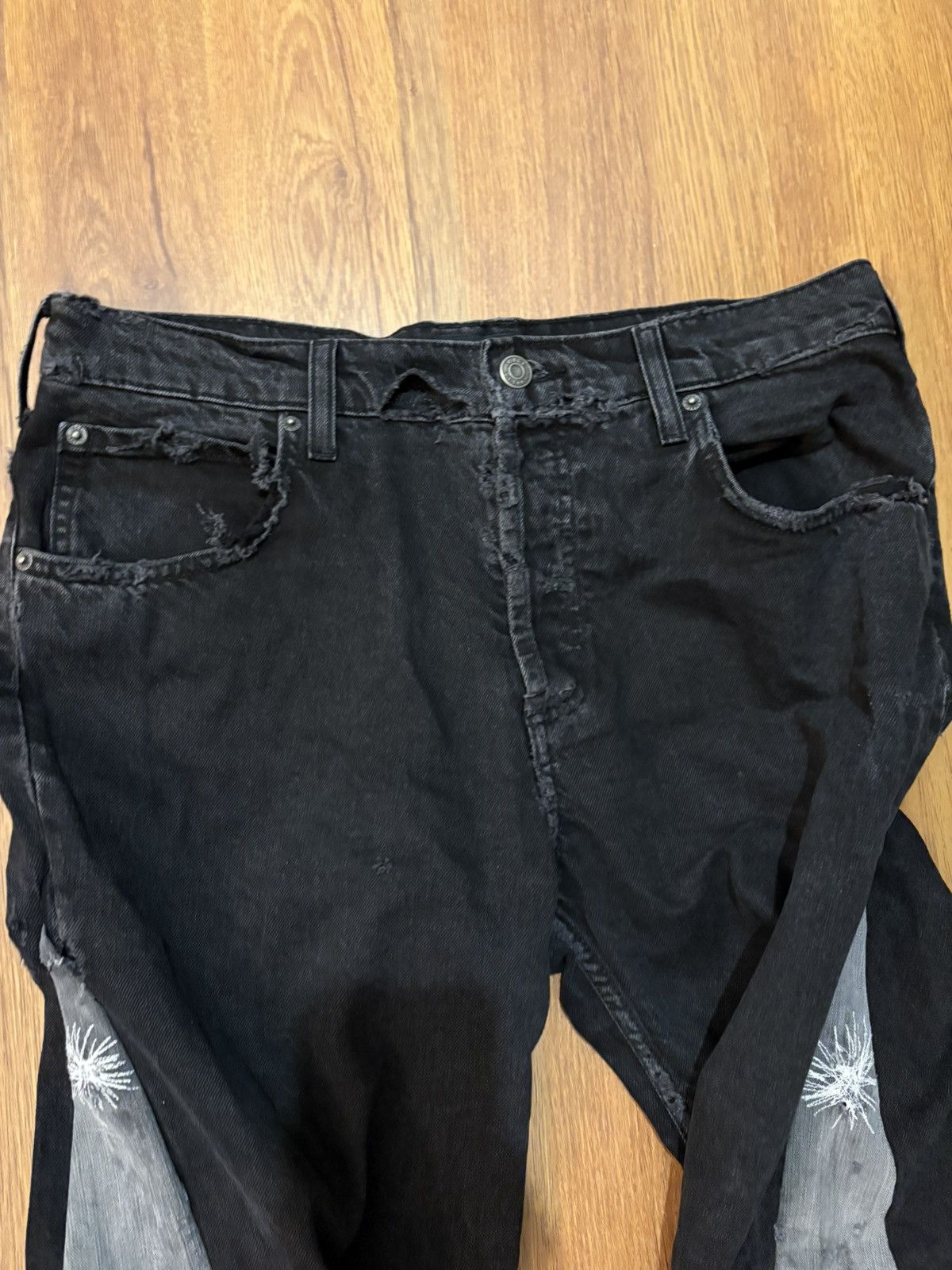 Japanese Brand Black Upside Down Flared Destroyed and Repaired Denim Size US 35 - 4 Thumbnail