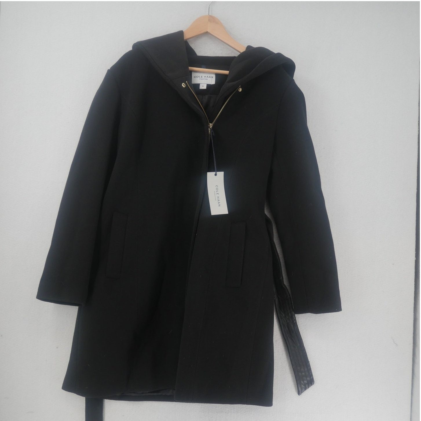Cole Haan NEW Cole Haan Women's 14 Belted Hooded Long Coat Black Size XL / US 12-14 / IT 48-50 - 1 Thumbnail