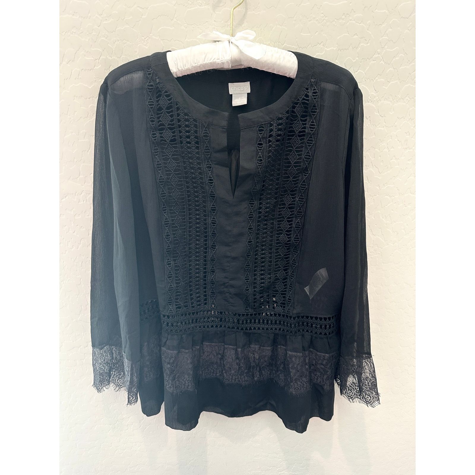 Chicos CHICOS Black Sheer Eyelet Lace Witch Long Sleeve Peasant Top Size L / US 10 / IT 46 - 2 Thumbnail