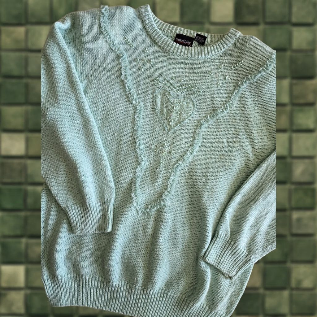 Vintage VINTAGE 80s Mint Green Beaded Heart Sweater Womens Medium Cottagecore Grandmacore Green 1980s Kitsch Teacher 1980s 1990s Size M / US 6-8 / IT 42-44 - 1 Thumbnail