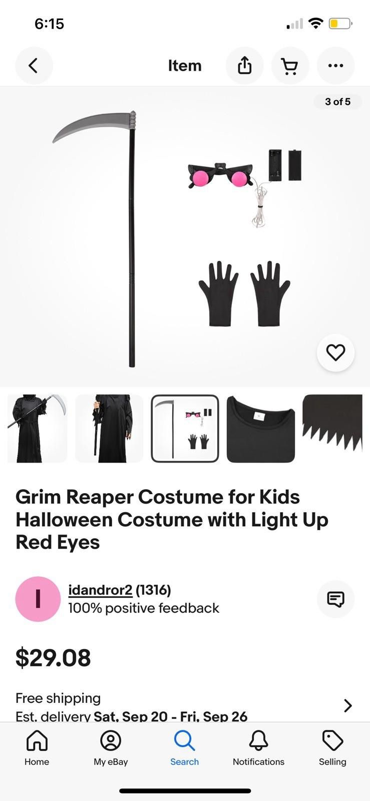 Other Grim Reaper Halloween Costume with Glowing Red Eyes Size ONE SIZE - 4 Thumbnail