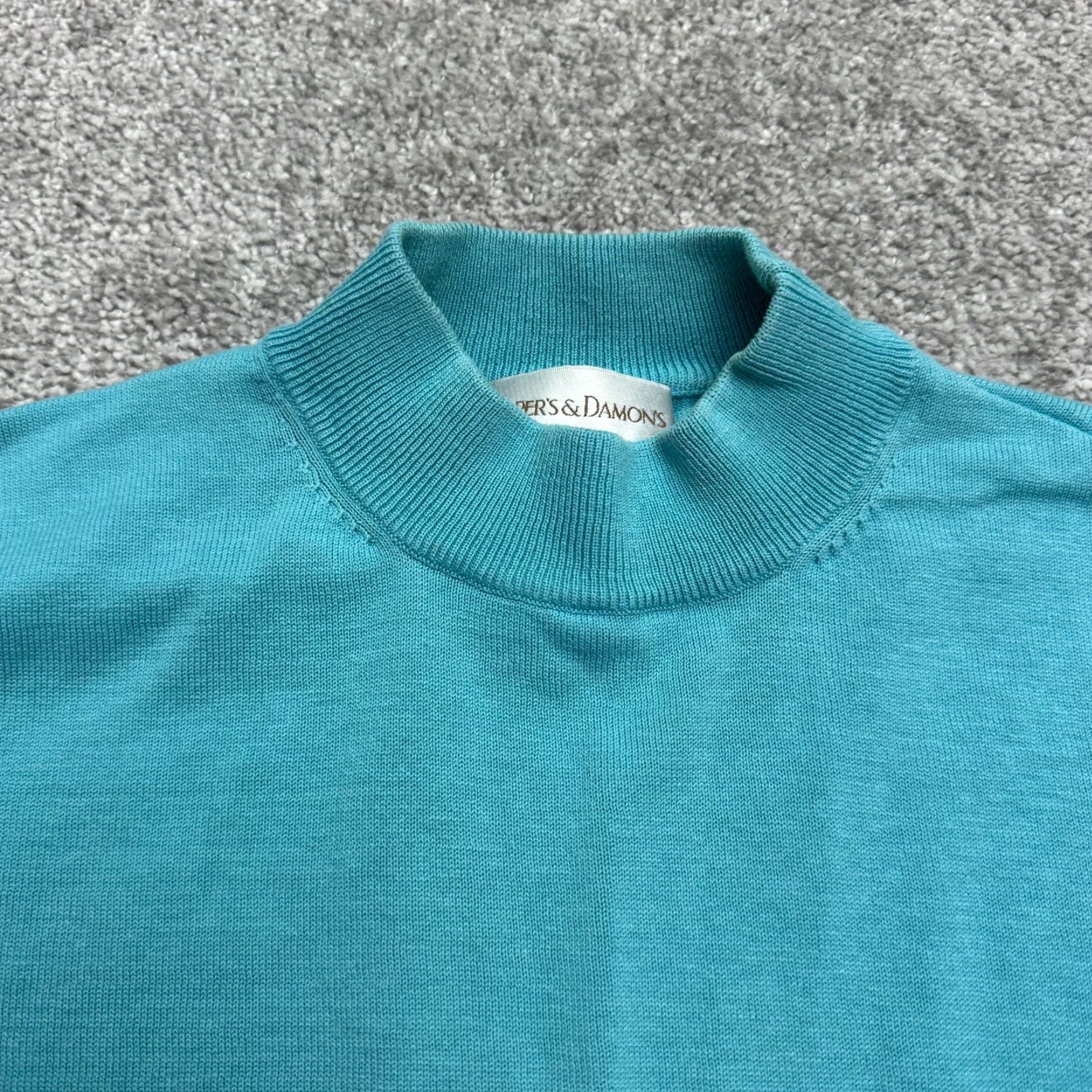 Vintage Draper's & Damon's Mock Neck Pullover Sweater Women L Blue Short Sleeve Knit Cotton Silk Casual Solid Modern Classic Autumn Winter Mens Womens Size L / US 10 / IT 46 - 3 Thumbnail