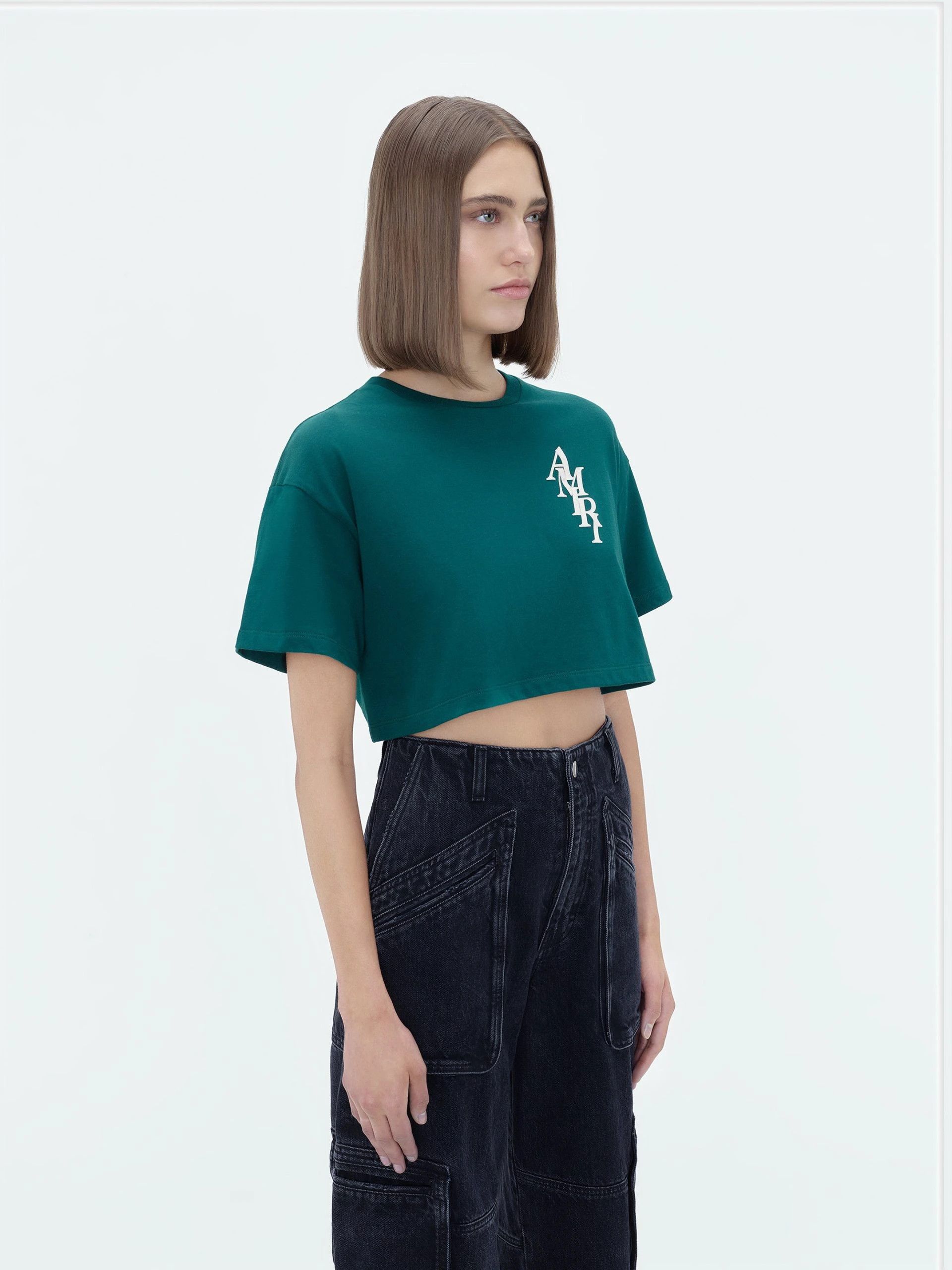 Amiri oc11z0225 Stack Cropped T-Shirt in Green Size XL / US 12-14 / IT 48-50 - 4 Thumbnail