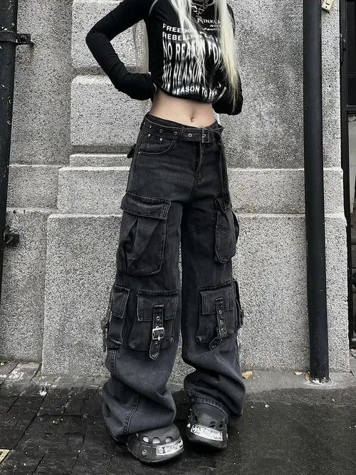 VIBE Black Multi Pocket Cargo Denim Jeans with Straps Size US 28 / EU 44 - 2 Thumbnail