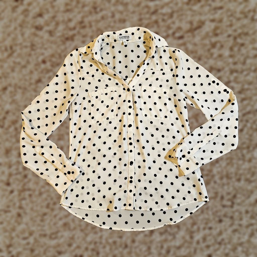 Express Express Blouse Women XS Pink Polka Dot Portofino Sheer Button Long Sleeve Career Size XS / US 0-2 / IT 36-38 - 1 Thumbnail