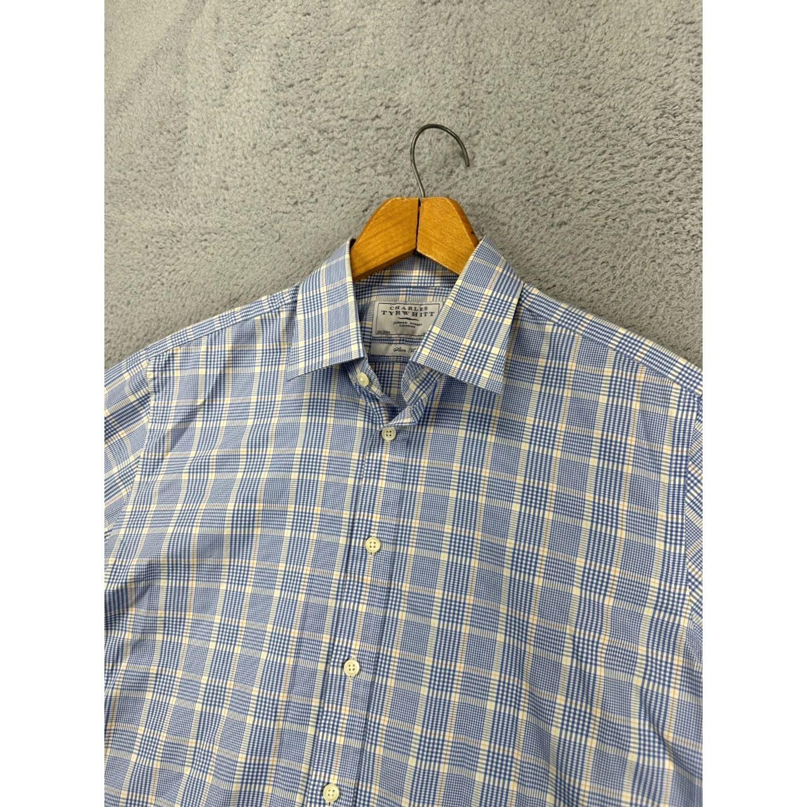 Charles Tyrwhitt Charles Tyrwhitt Shirt Mens 16.5-34 Jermyn Street Blue Glen Check Dress Slim Fit Shirt Size 42R - 5 Thumbnail