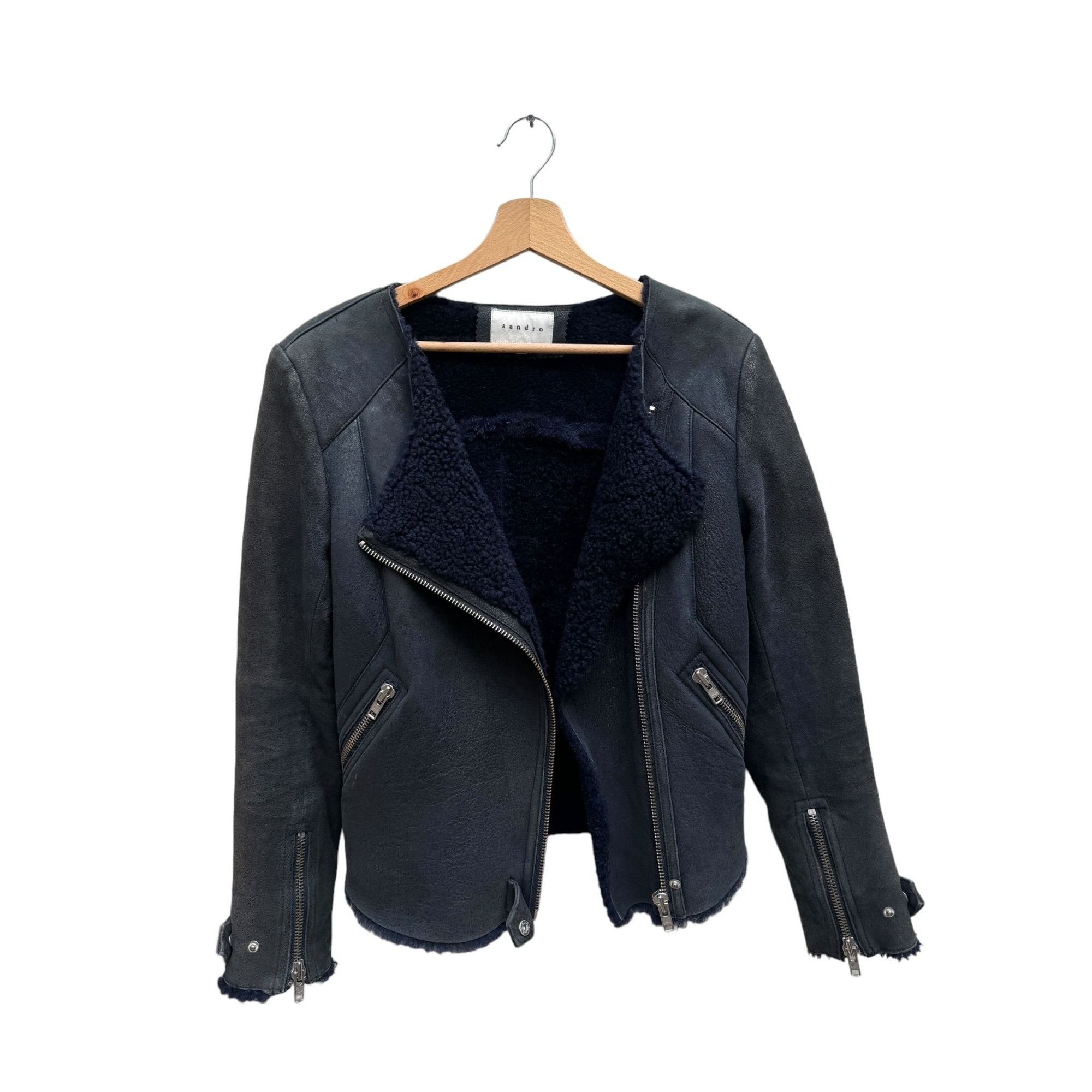 image of Sandro Navy Shearling Leather Jacket, Women's (Size Small)