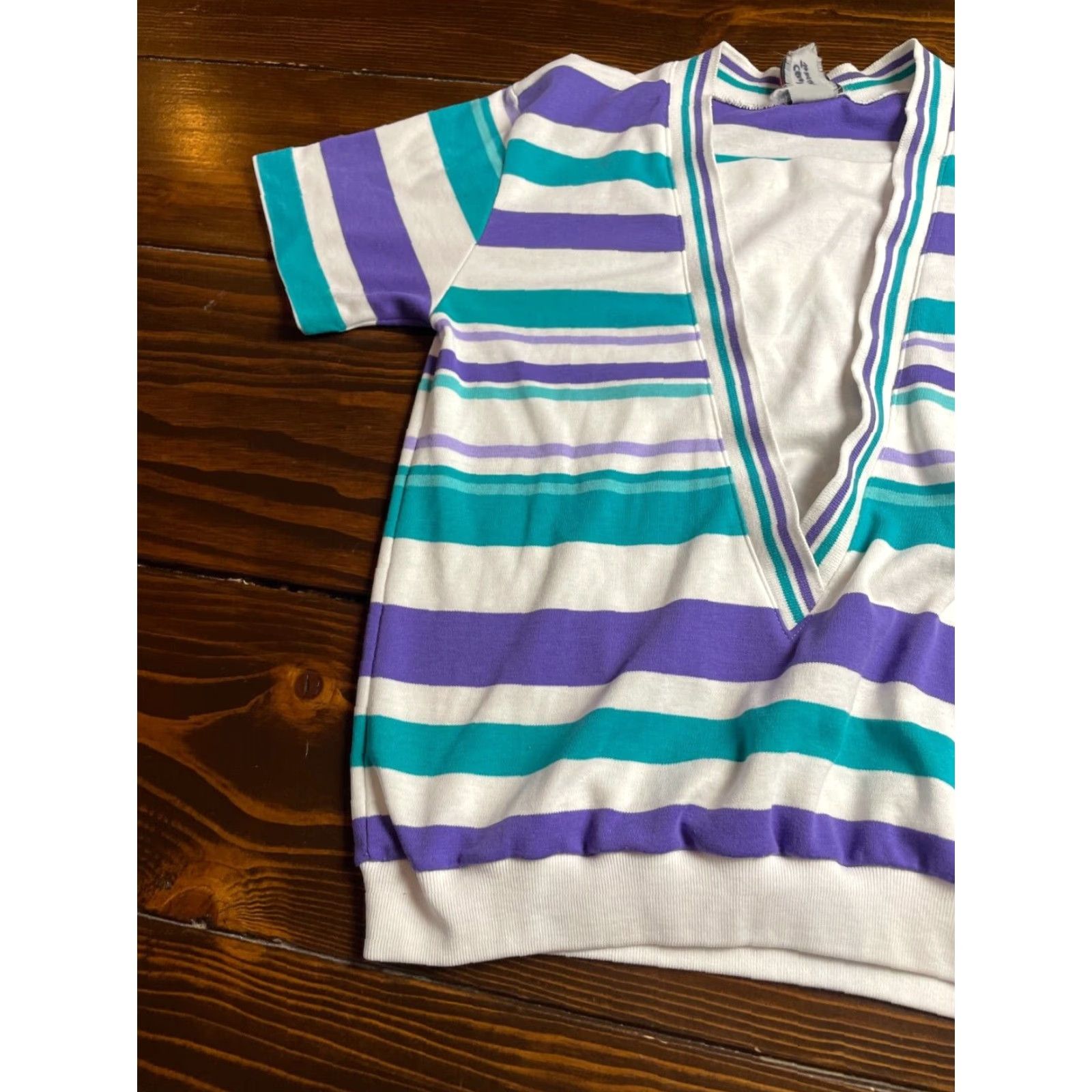 Jantzen JANTZEN Classics Sweater Women's L Multicolor Striped V-Neck Short Sleeve Pullover Knit Shirt Size L / US 10 / IT 46 - 4 Thumbnail
