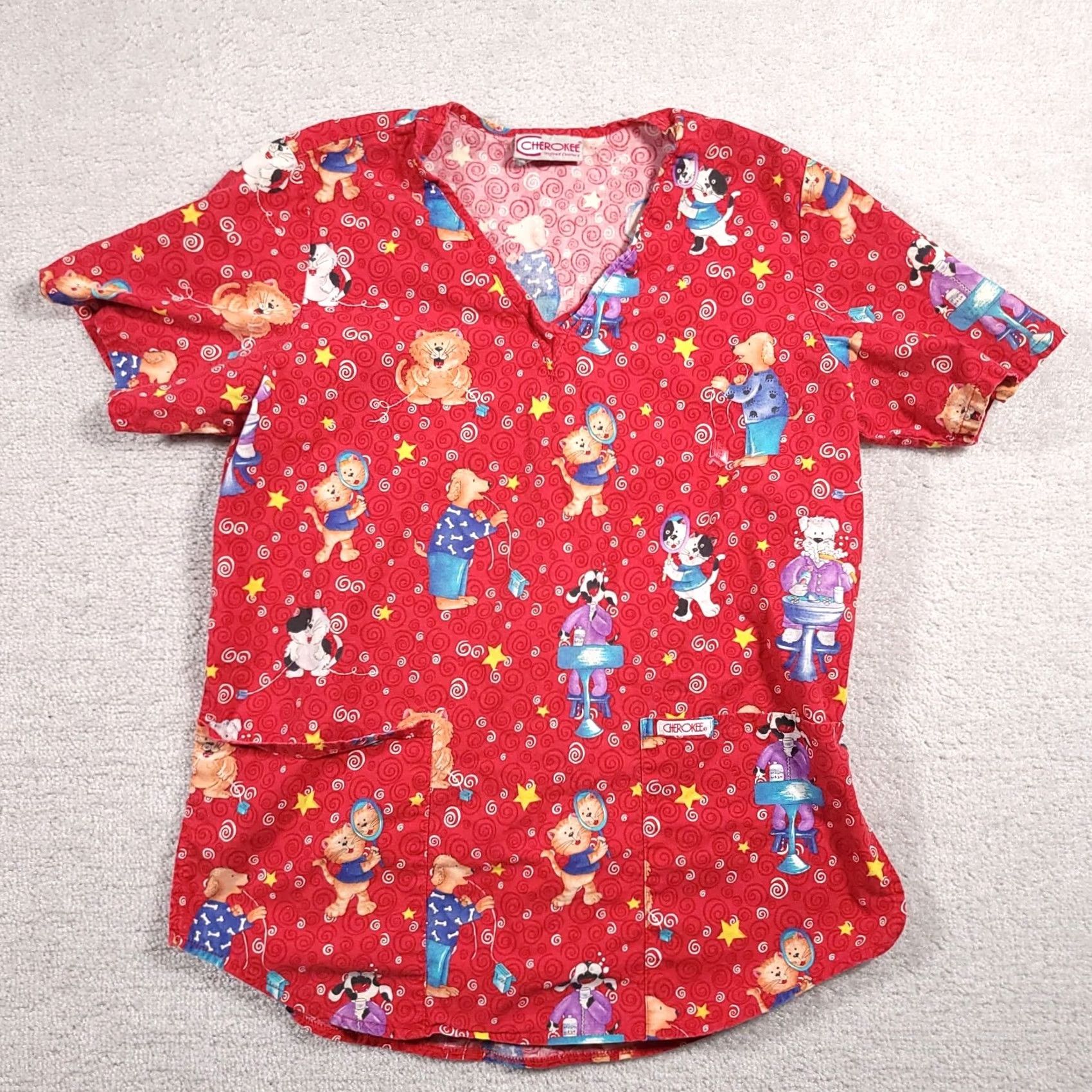 Cherokee Cherokee V-Neck Scrub Shirt Women's Small Red Short Sleeve Dentist Dogs Cats Size S / US 4 / IT 40 - 2 Thumbnail