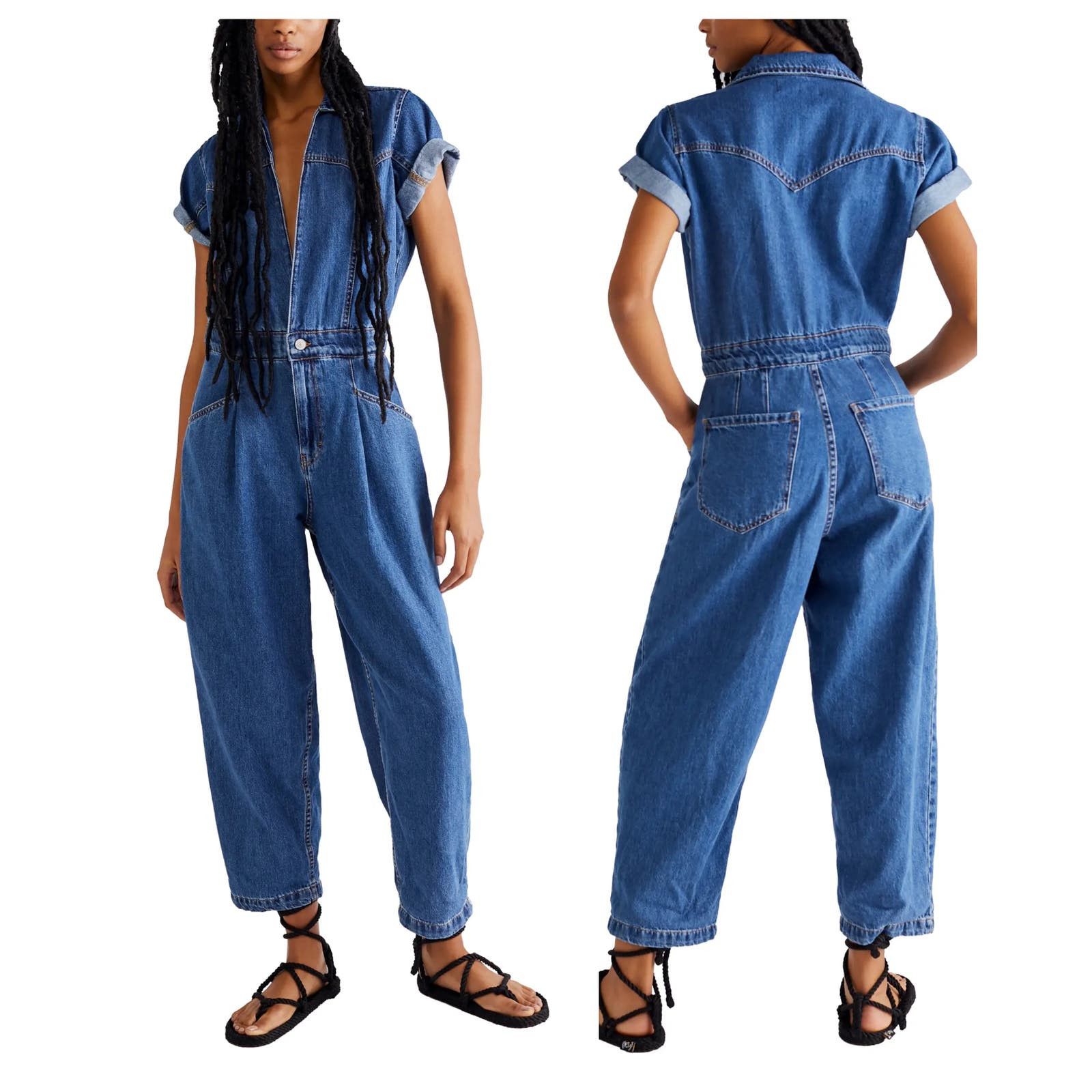 image of Free People We The Free Marla Denim Utility Jumpsuit Medium in Blue, Women's (Size 26)