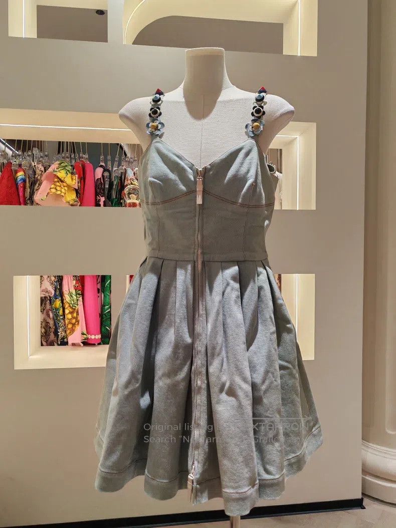 Fendi Light Blue Floral Embellished Strapless Denim Dress