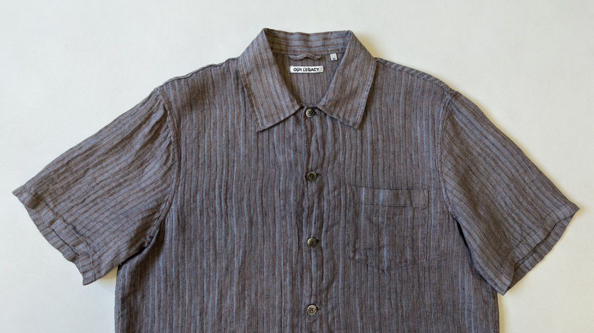 Our Legacy Blue/Tan Woven Striped Linen Box Shirt Size US M / EU 48-50 / 2 - 3 Thumbnail