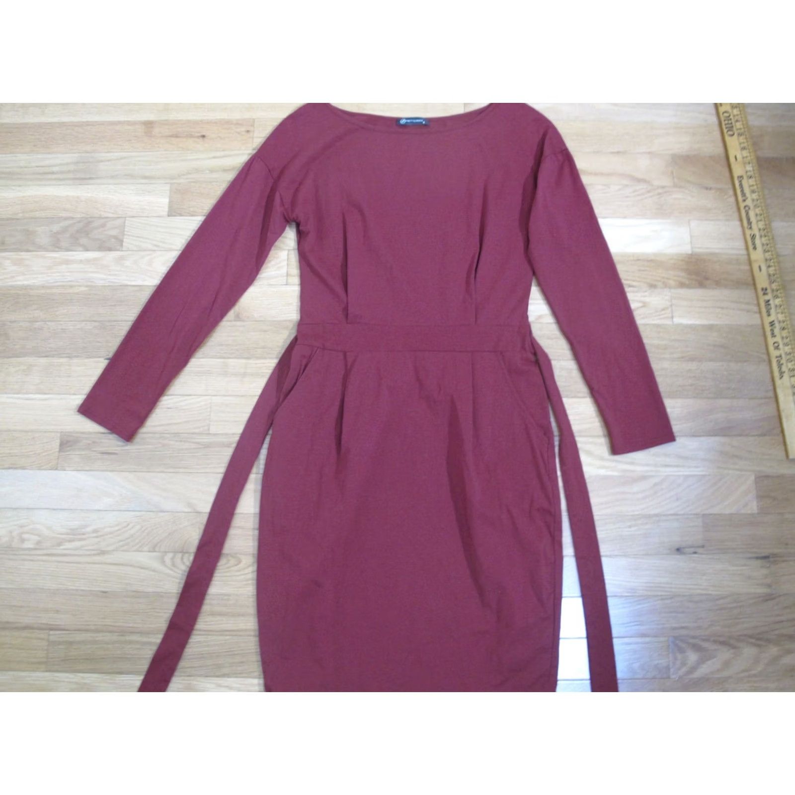 Vintage Prettygarden Sheath Dress Women's M Red Cotton Long Sleeve Boat Neck Belted Size M / US 6-8 / IT 42-44 - 7 Thumbnail