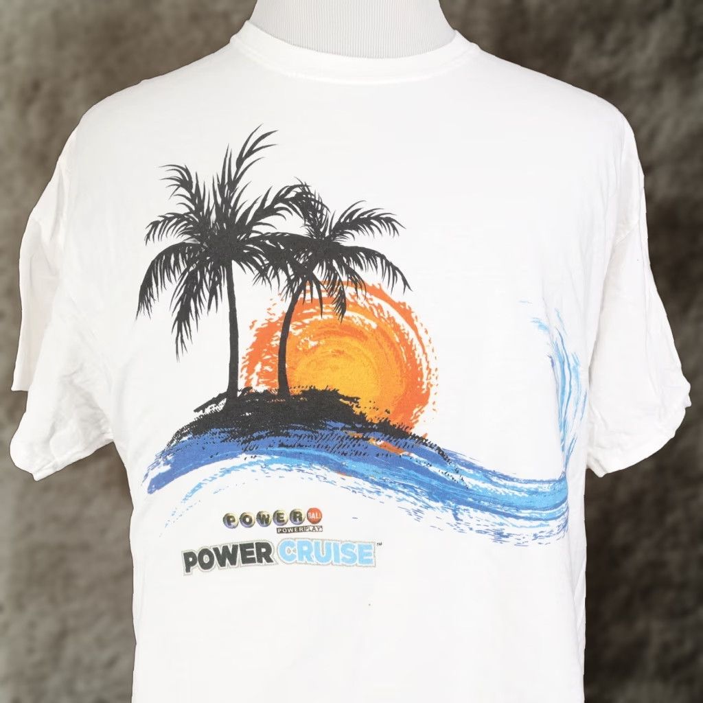 Gildan POWERBALL POWER CRUISE FLORAL SUNSET MO LOTTO MISSOURI TSHIRT XL Shirt Unisex Adults White Crew Neck Cotton Short Sleeve Solid 90s? Size US XL / EU 56 / 4 - 1 Thumbnail