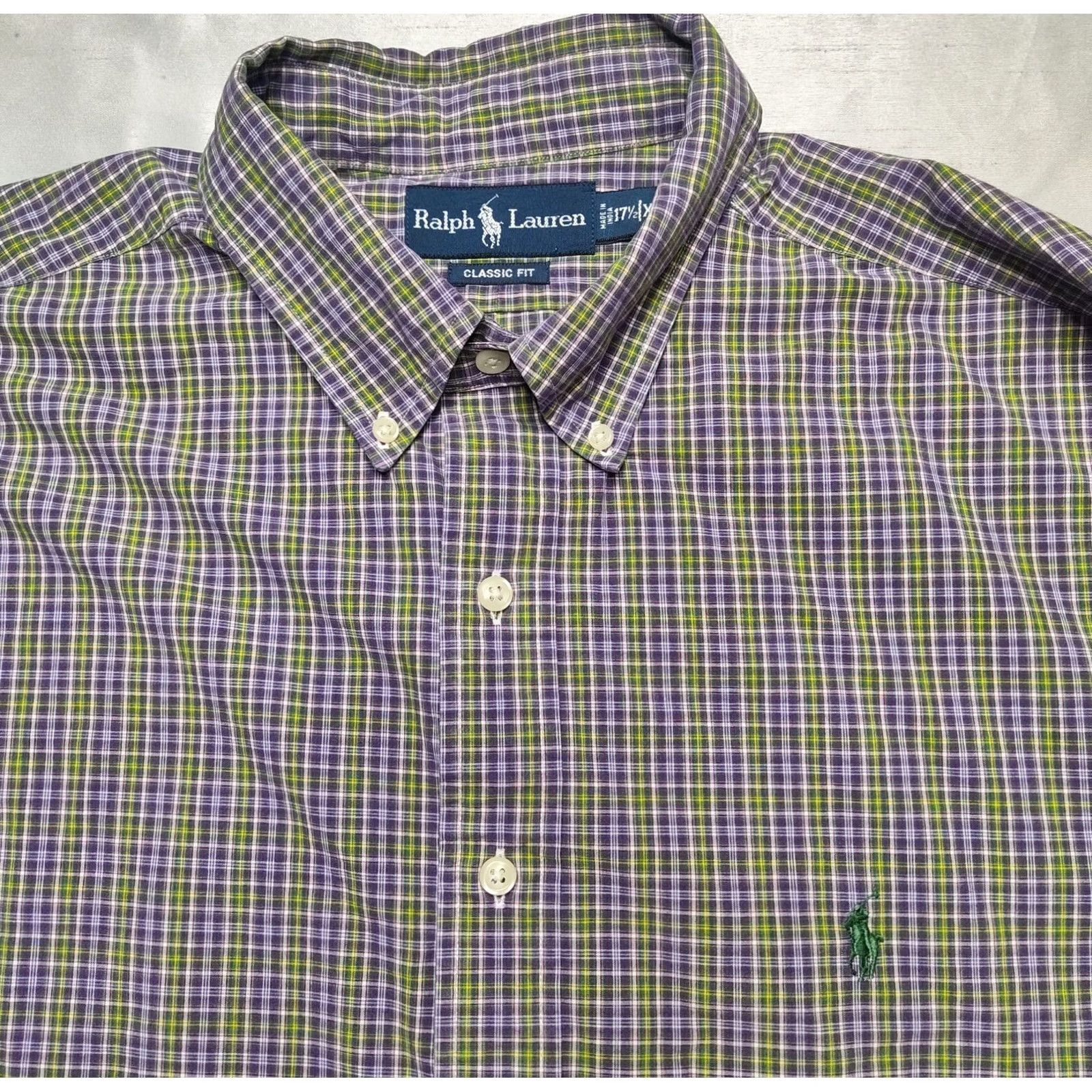 Polo Ralph Lauren VTG POLO RALPH LAUREN Classic Fit Men XL Button-Down Shirt Plaid Purple Green Cotton 100% Shirt, Long Sleeve, 17.5 Collar, 17 1/2 Size US XL / EU 56 / 4 - 3 Thumbnail
