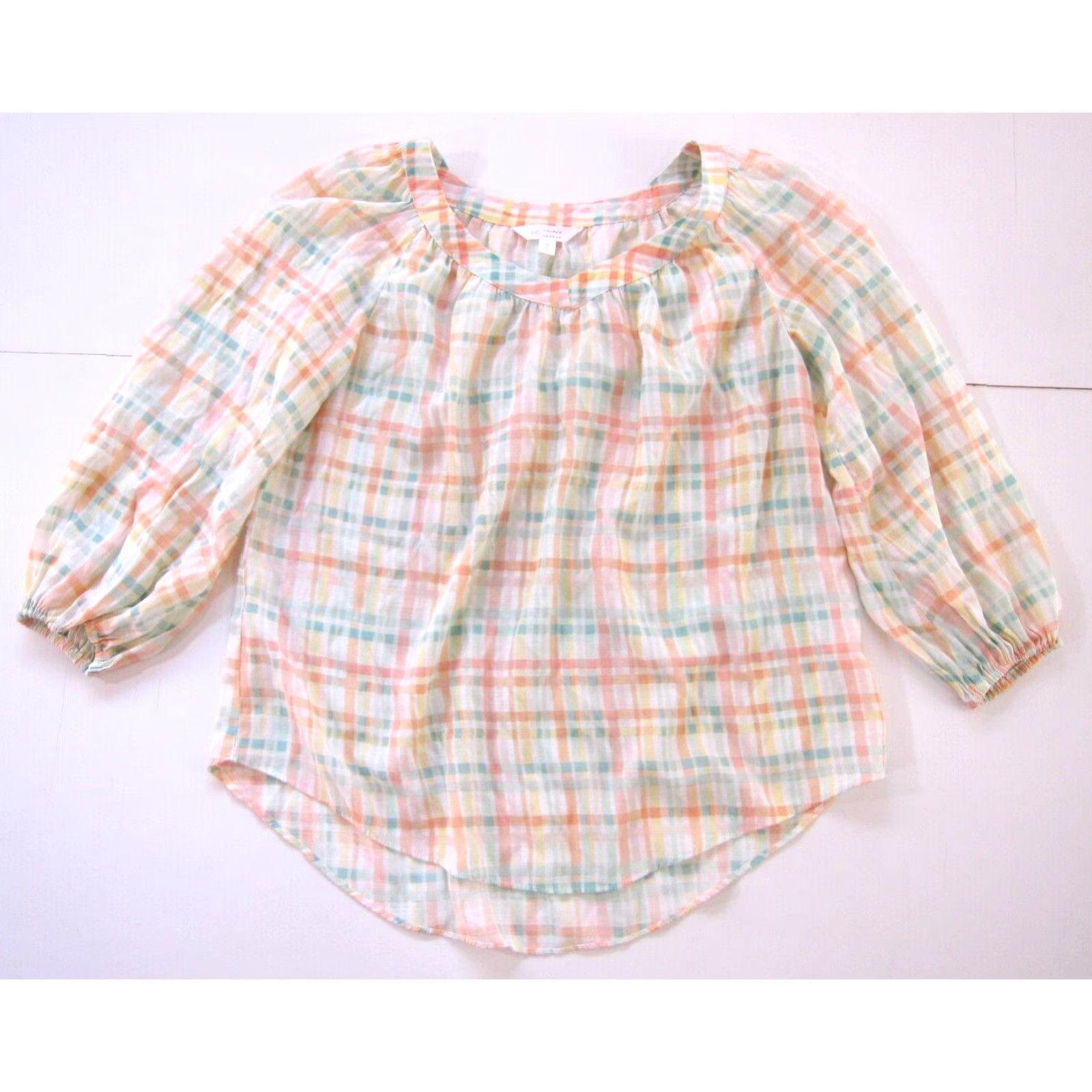 Lauren Conrad Lauren Conrad Plaid Blouse 3/4 Sleeve Tunic Green S Womens V-Neck White Pink Size S / US 4 / IT 40 - 2 Thumbnail