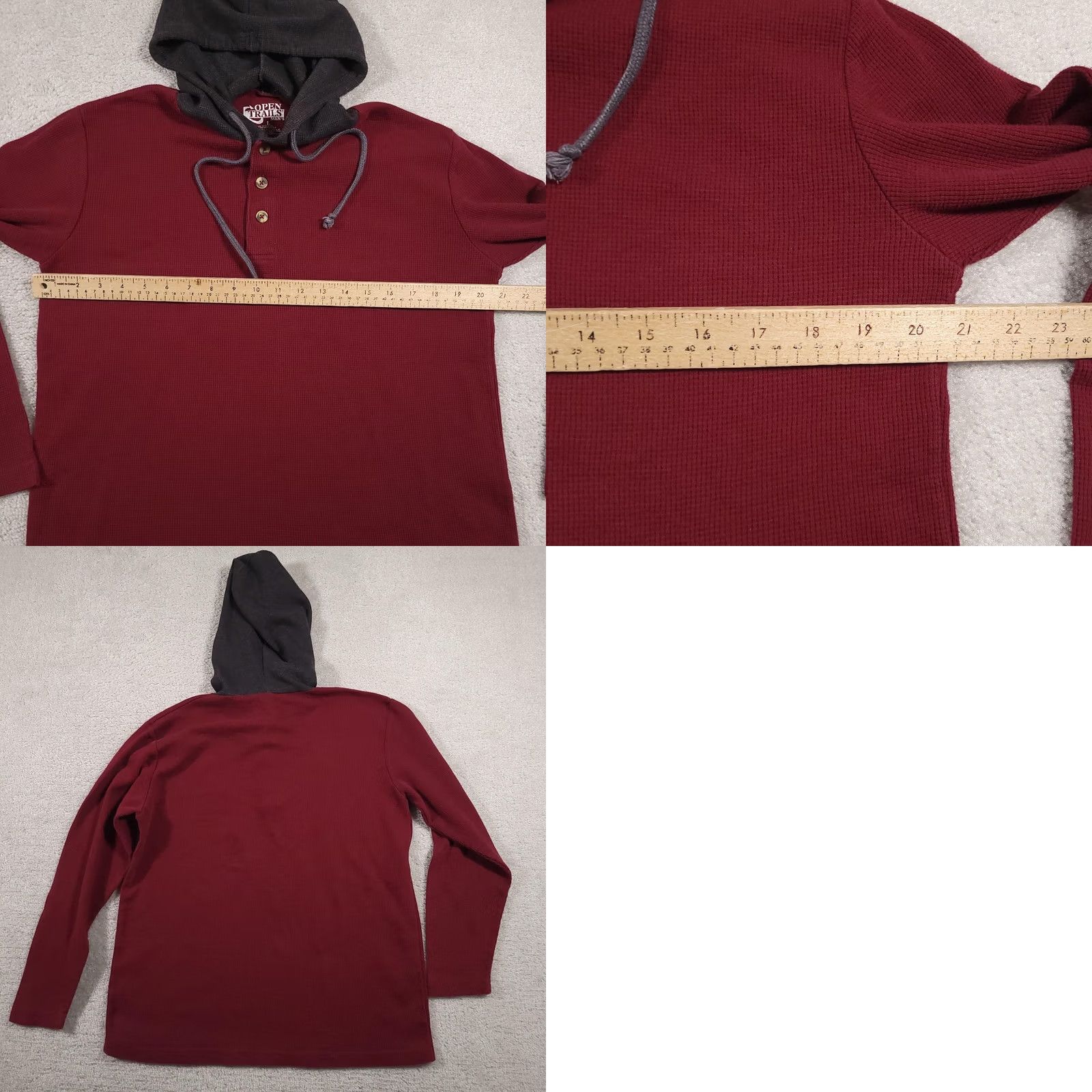 Vintage Open Trails Pullover Hoodie Mens Large Maroon Gray Button Henley Hood Casual Size US L / EU 52-54 / 3 - 8 Thumbnail