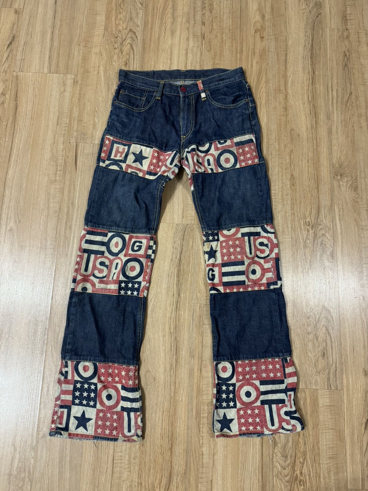 Hysteric Glamour HYSTERIC GLAMOUR PATCHWORKS HAGI US BANNER JEANS Size 29" - 1 Thumbnail
