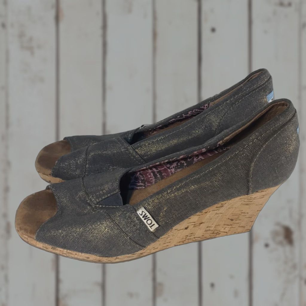 Toms Toms Gray Shimmering Canvas Peep Toe Wedge Heels Womens Size 9 High Heel Size US 9 / IT 39 - 1 Thumbnail