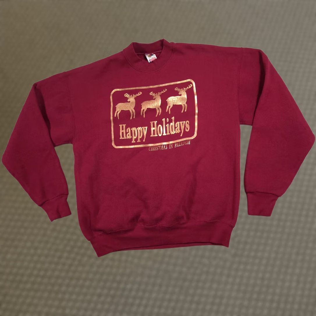 Fruit Of The Loom VINTAGE Fruit of the Loom Sweatshirt Mens XL Red Happy Holidays Reindeer 90s Size US XL / EU 56 / 4 - 1 Thumbnail