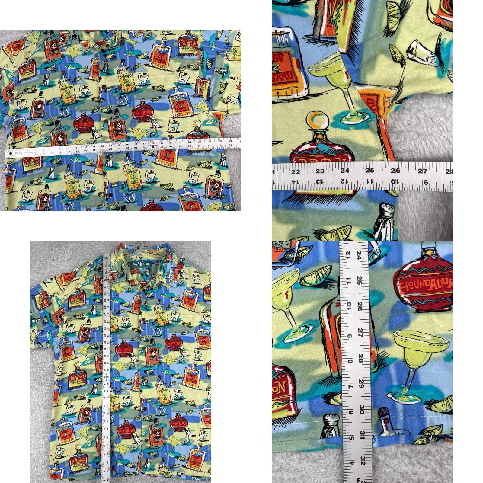 Big Dogs Shirt Adult 2XL XXL 100% Rayon Blue Green Fruits Cocktails Hawaiian