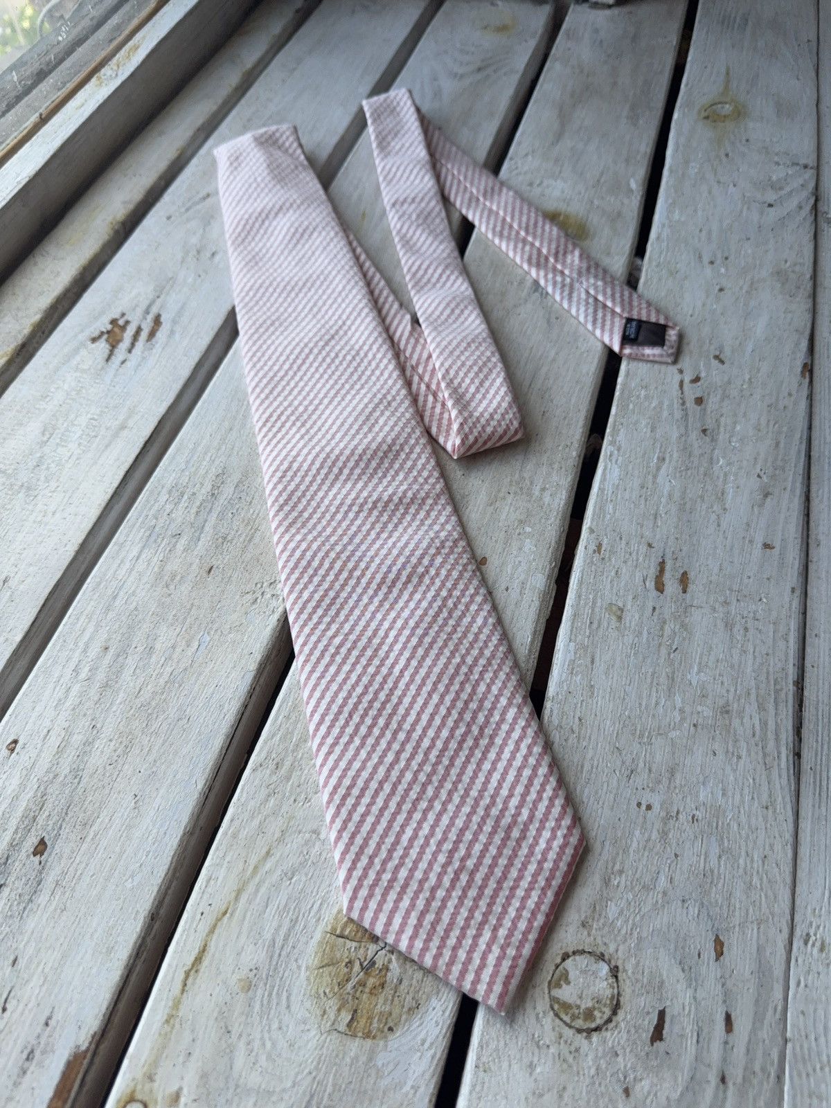 Designer × Karl Lagerfeld Vintage Karl Lagerfeld Striped Tie – Pink & White Seersucker Size ONE SIZE - 1 Thumbnail