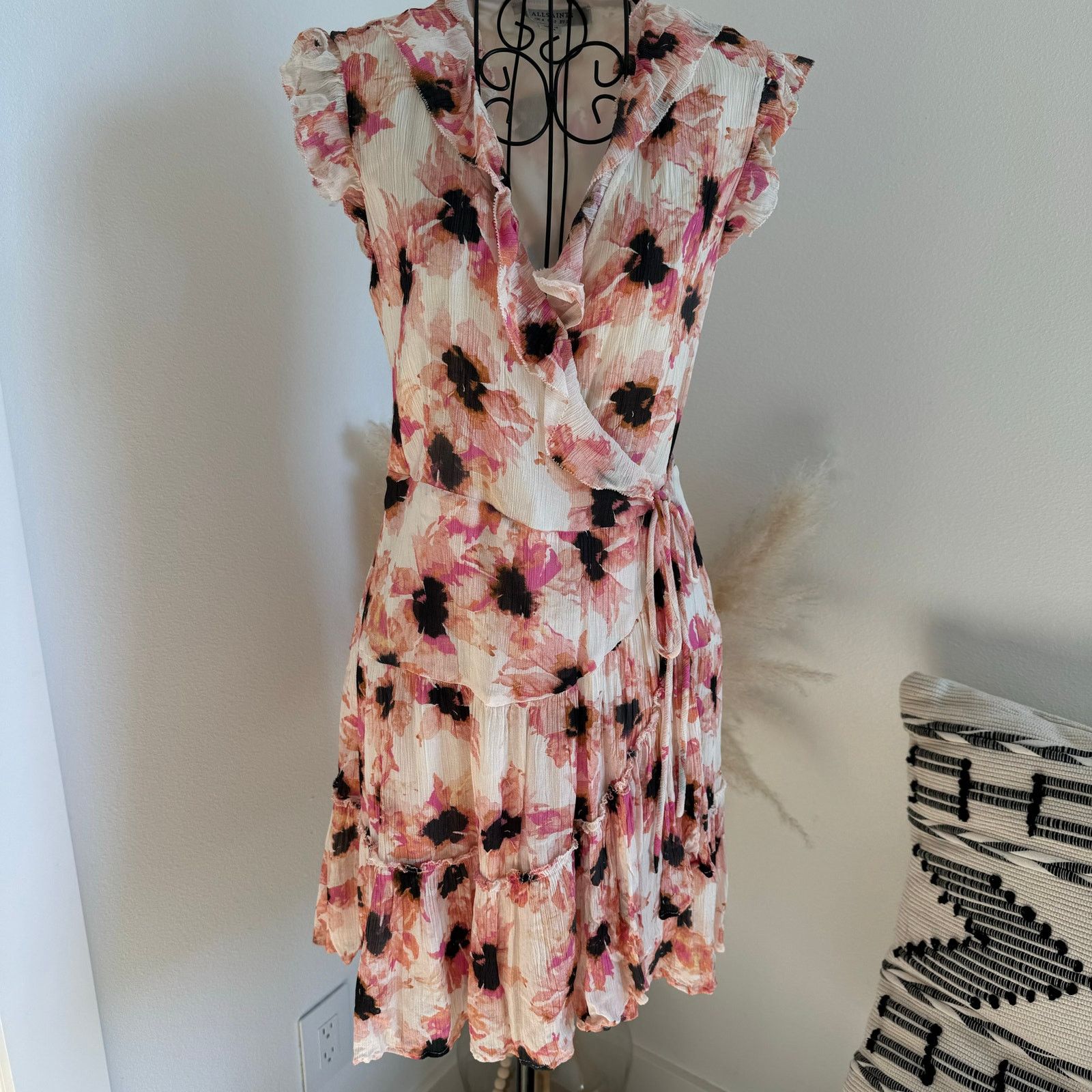 ALLSAINTS Marie Stellae Floral Sheer Ruffle Wrap Dress