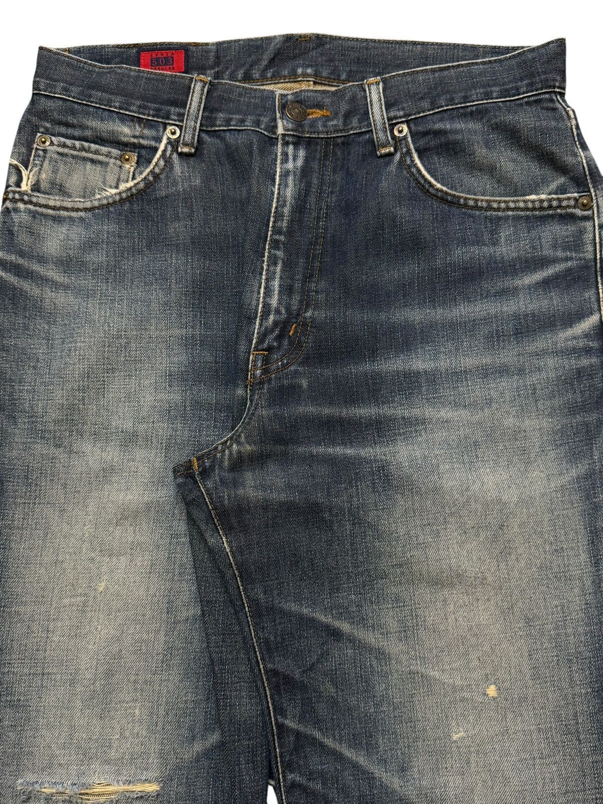 Edwin Vintage 90s Edwin 503 Blue Wash Whiskers Distressed Wide Leg Size US 31 - 3 Thumbnail