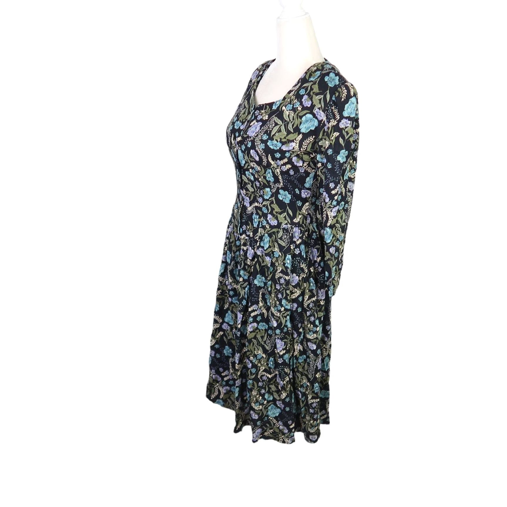 Vintage VINTAGE Hamells Floral Print Midi Dress Black Blue 90s Long Sleeve Button Front Women's 10 Midi Fall Spring Womens Size L / US 10 / IT 46 - 3 Thumbnail
