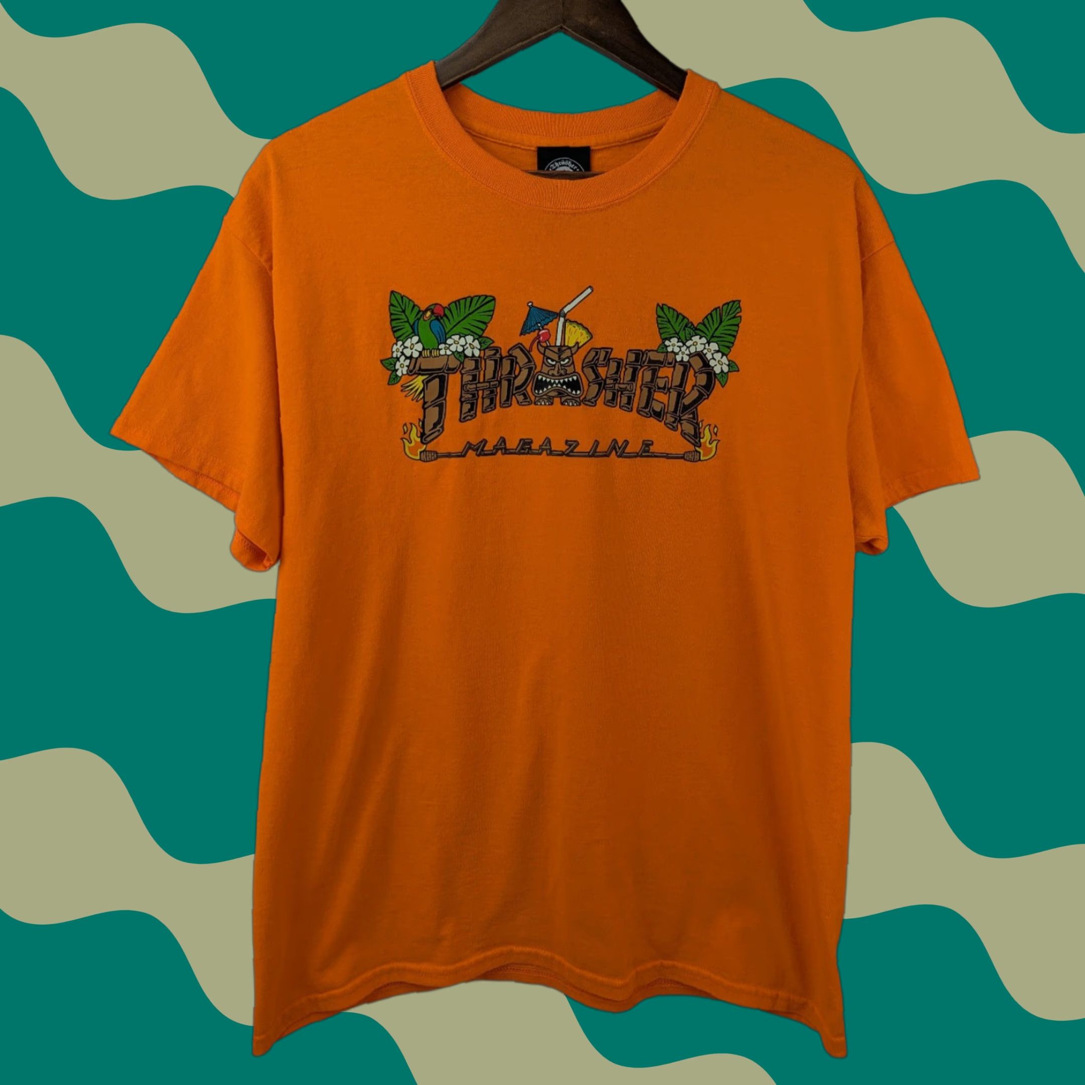 Thrasher VINTAGE Thrasher Shirt Mens Large Orange Neon Tiki Hawaiian Tropical Luau Graphic Print Short Sleeve Crew Neck Cotton Jersey Size US XS / EU 42 / 0 - 1 Thumbnail