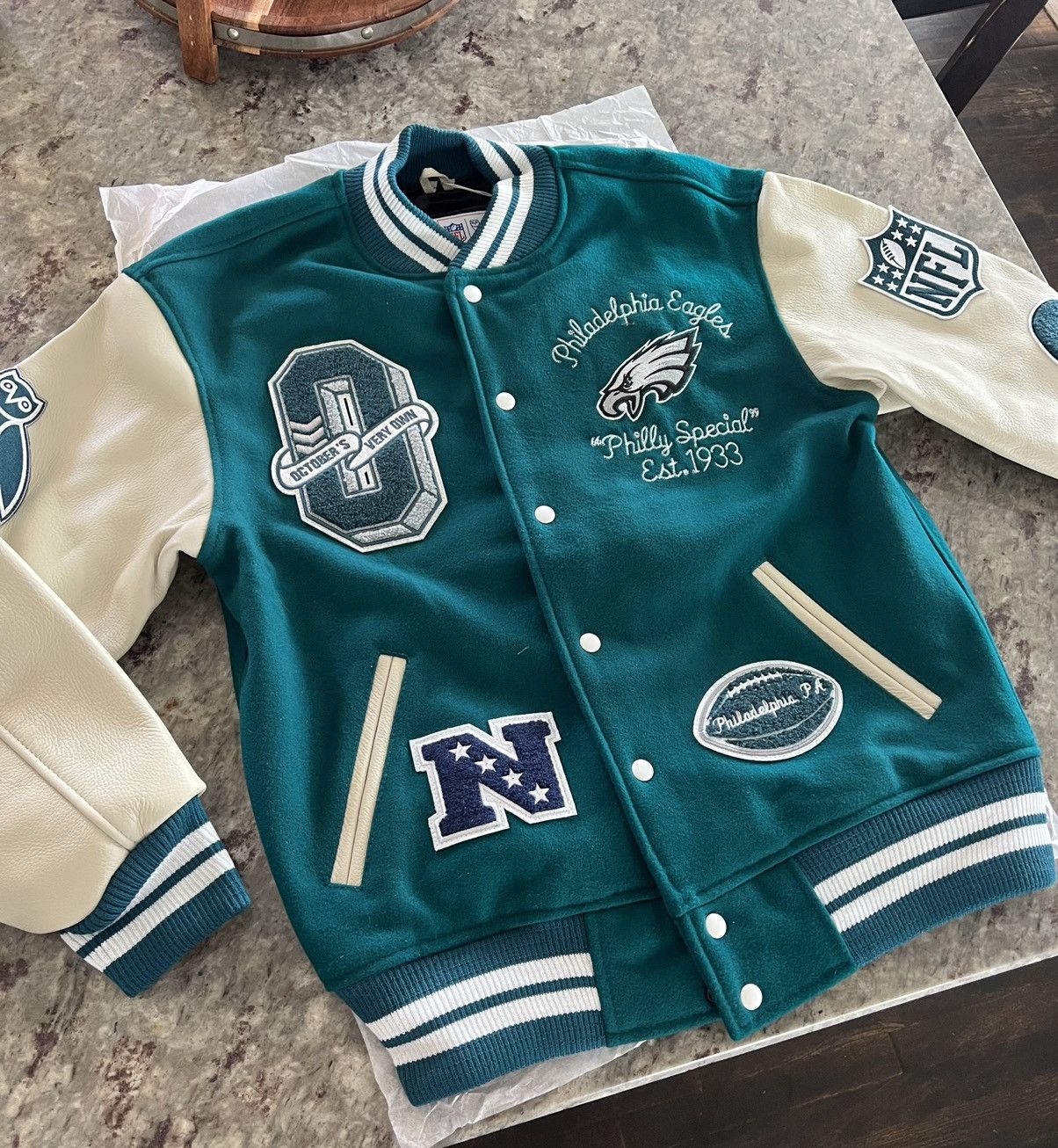 image of Drake x Octobers Very Own Ovo X Nfl - Philadelphia Eagles Varsity Jacket in Green (Size Large)