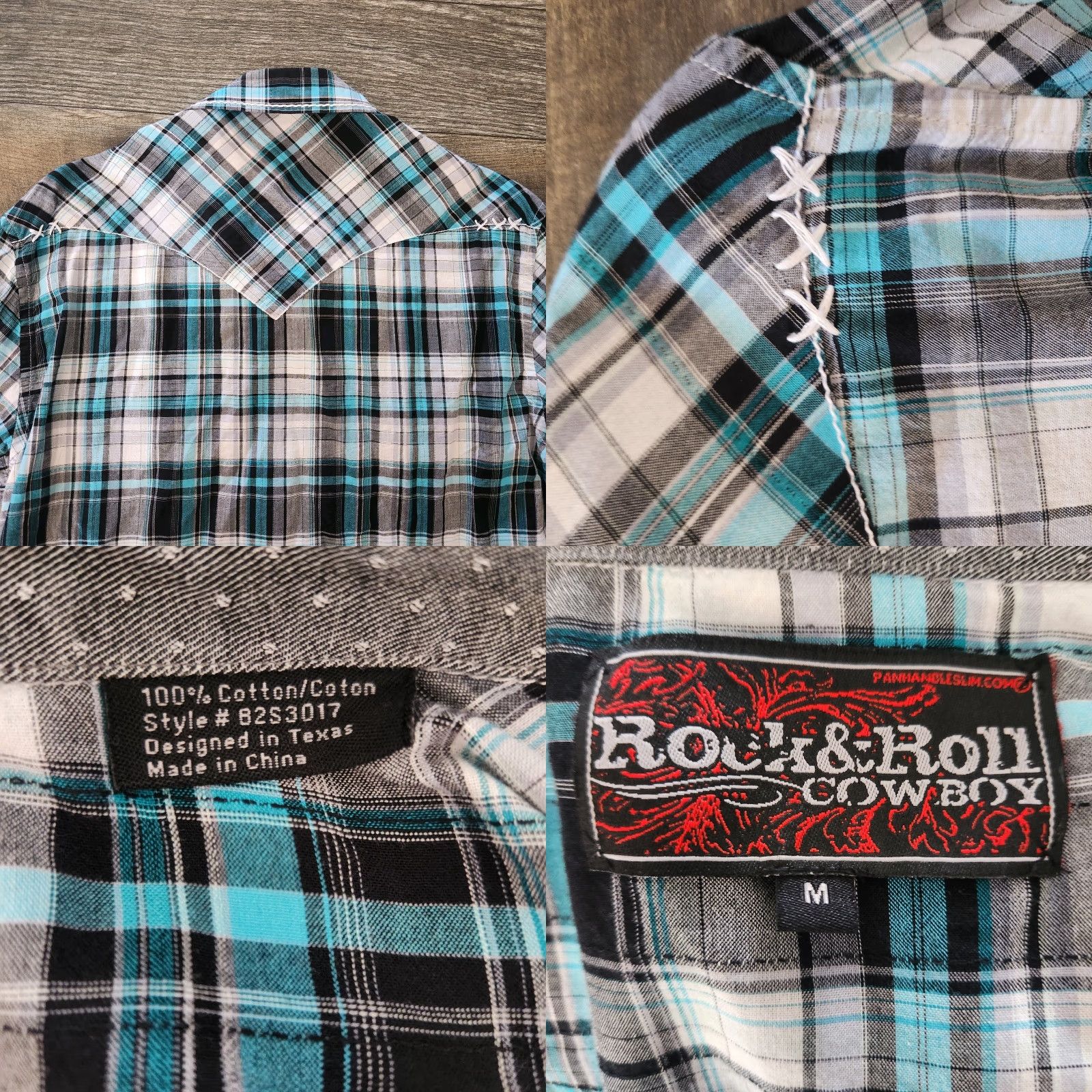 Vintage Rock And Roll Cowboy Pearl Snap Shirt Mens Medium Teal Plaid Thick Stitch Regular Button-Up Short Sleeve Collared Pocket Cowboy USA Western Mens Size US M / EU 48-50 / 2 - 8 Thumbnail