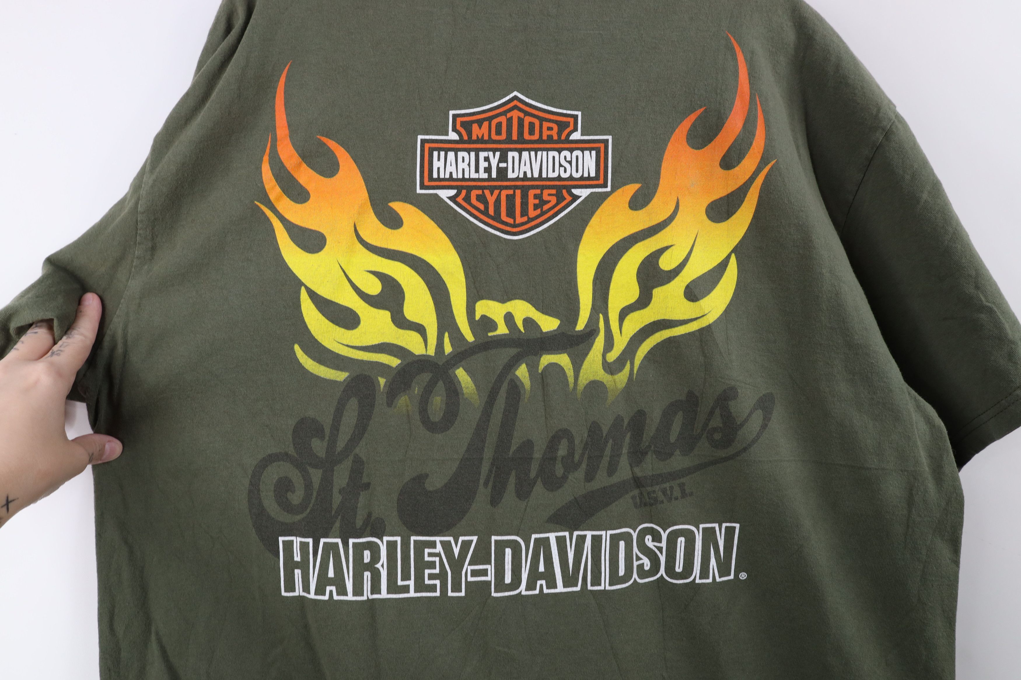 Harley Davidson Vintage Y2K Harley Davidson Spell Fire Flames T-Shirt Green Size US XL / EU 56 / 4 - 11 Thumbnail