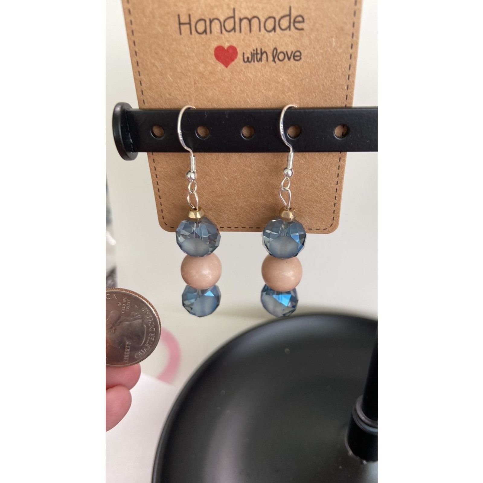 Handmade pink and blue bead earrings Size ONE SIZE - 2 Thumbnail
