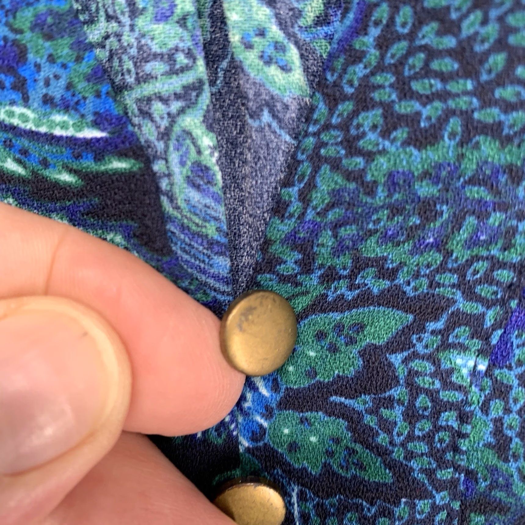Vintage Women’s Deep Blue Green Botanical Large Dress Balloon Sleeve Metal Buttons Flowy Size L / US 10 / IT 46 - 6 Thumbnail