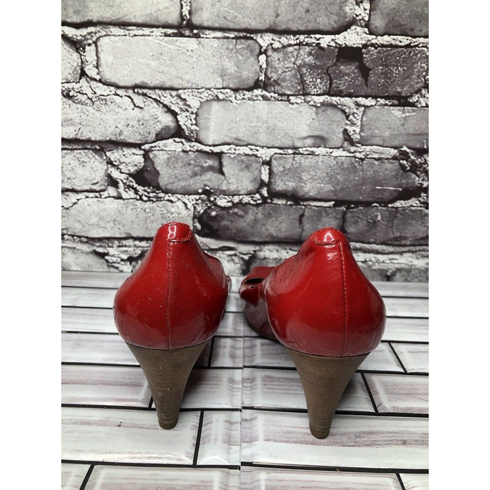 Ecco Ecco Red Patent Leather Peep Toe High Stacked Wooden Heels W Size US 7.5 / IT 37.5 - 4 Thumbnail