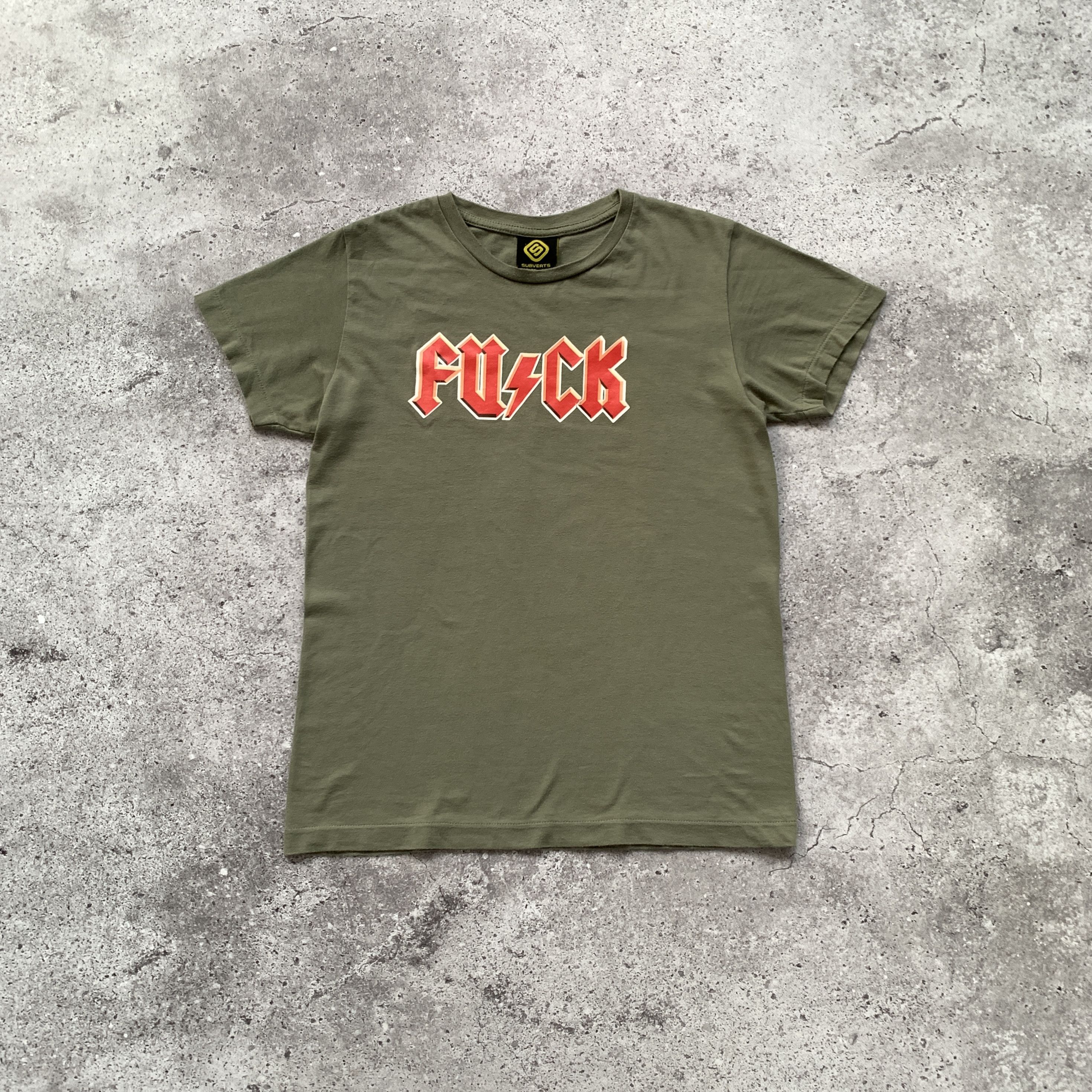 Vintage Vintage FU/CK 90s Graphic AC/DC Parody Olive Tee Shirt Size M / US 6-8 / IT 42-44 - 1 Thumbnail
