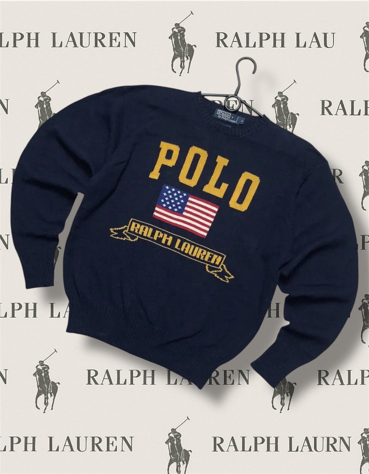 Ralph Lauren Vintage navy sweater Polo Ralph Lauren USA big central logo Size US L / EU 52-54 / 3 - 1 Thumbnail