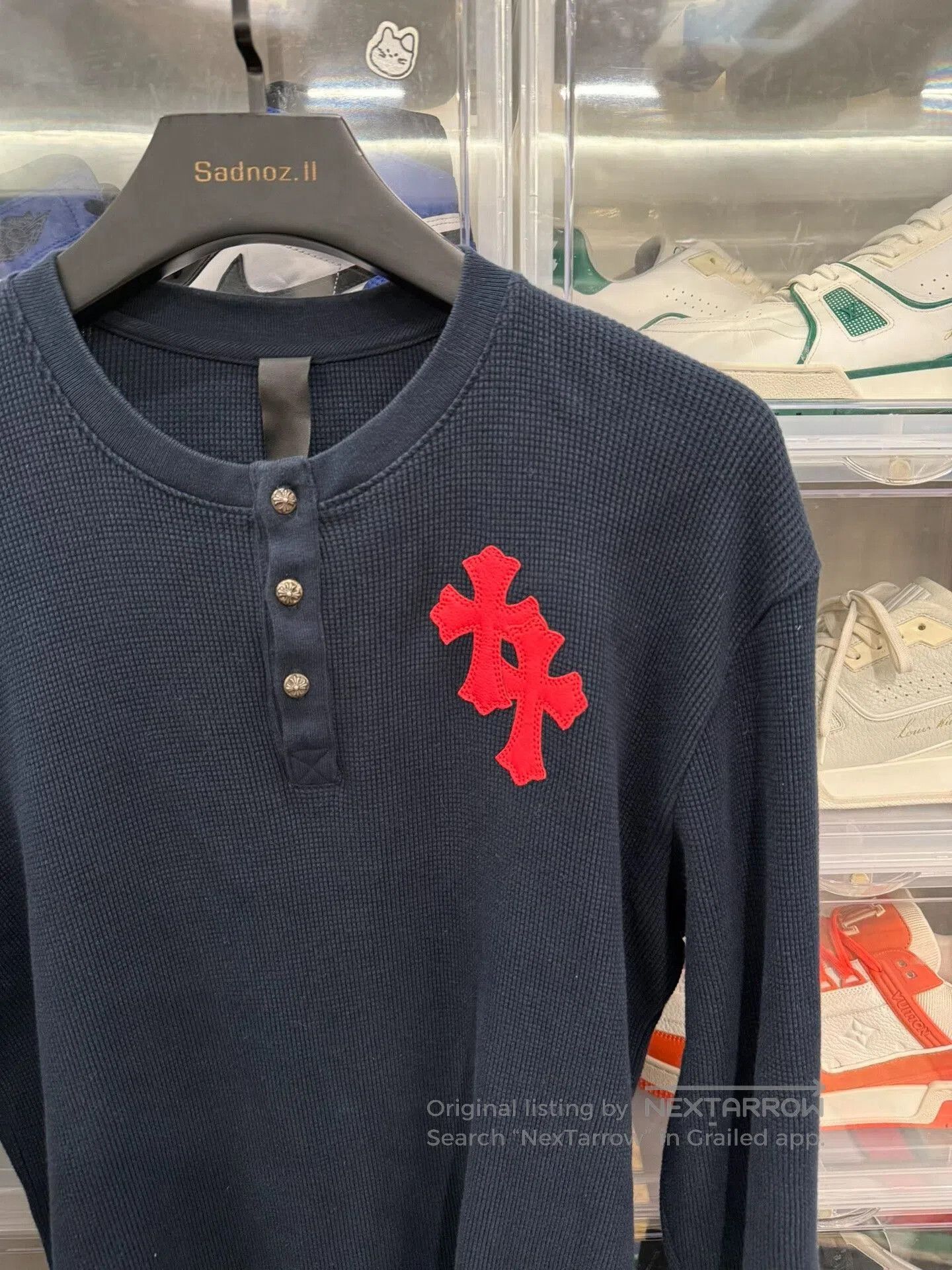 chrome hearts navy long sleeve henley shirt.
