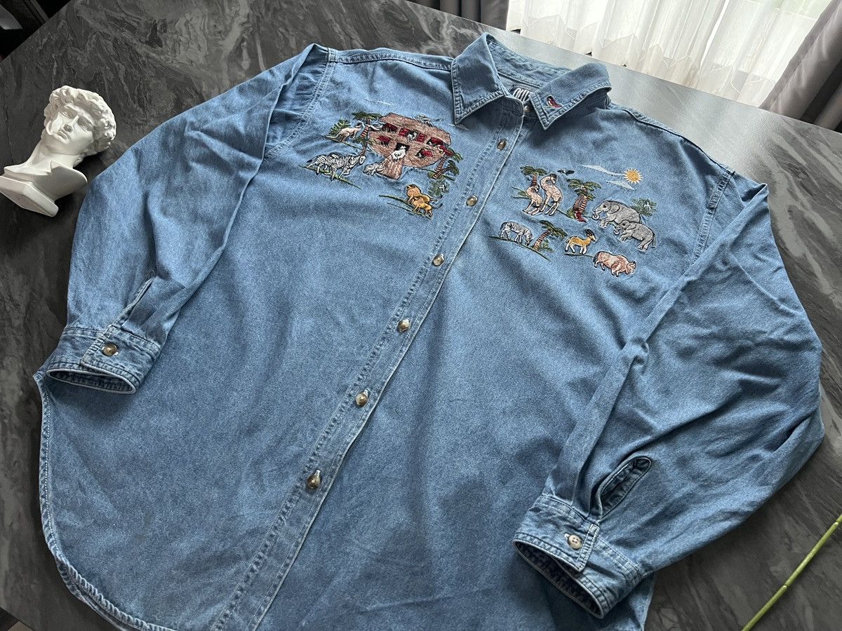 Vintage Quizz Newyork : Embroidered Animal Zoo Denim Shirt Size XXL / US 16-18 / IT 52-54 - 8 Thumbnail
