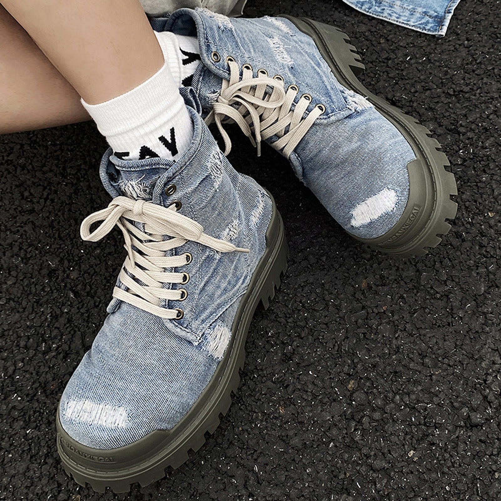 Japanese Brand Blue Distressed Denim Boots | Vintage Wash Thick-Sole Size US 10 / EU 43 - 3 Thumbnail