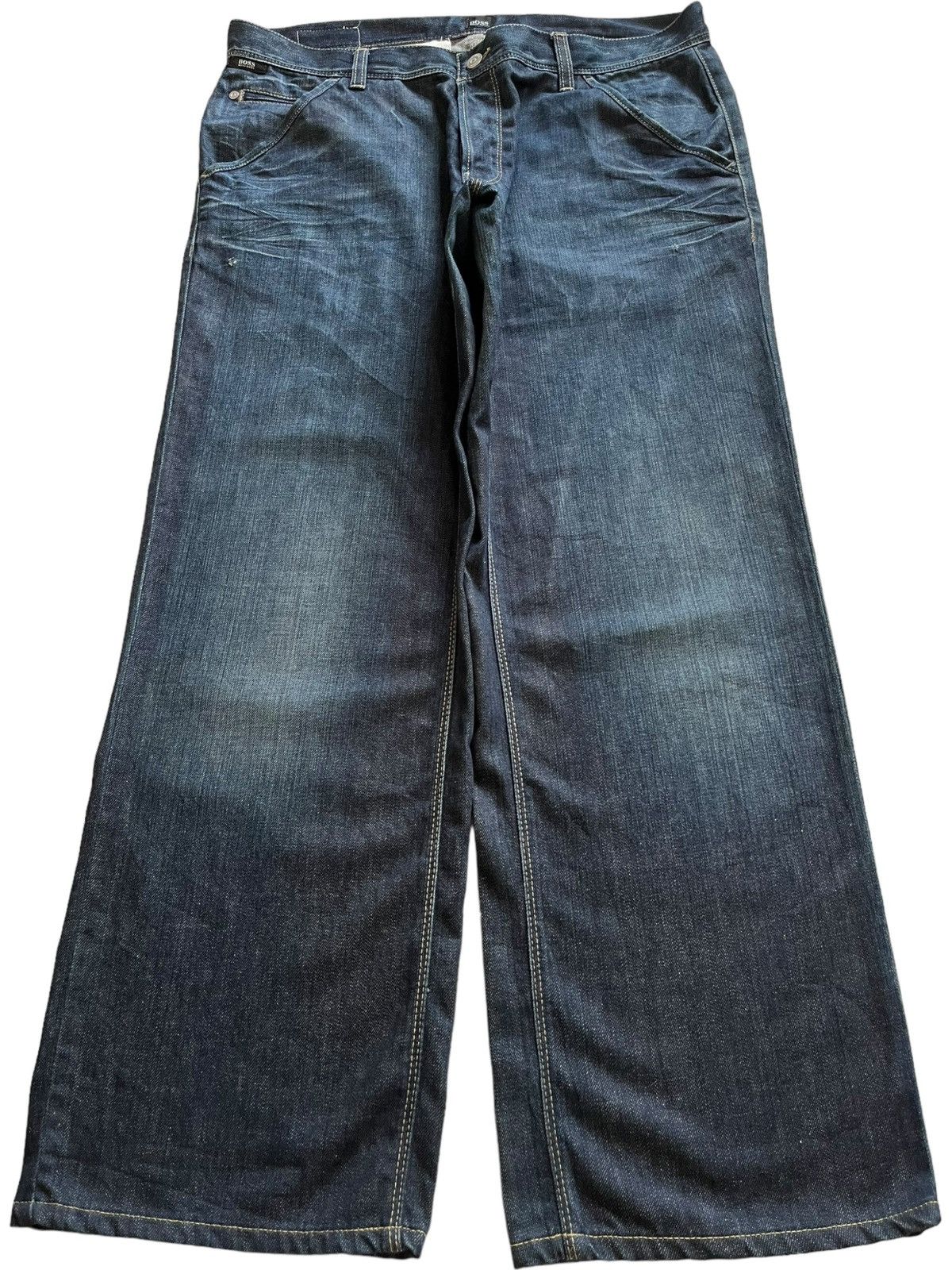 Hugo Vintage Hugo Boss Blue Wash Buckle Back Baggy Jeans Size US 37 - 1 Thumbnail