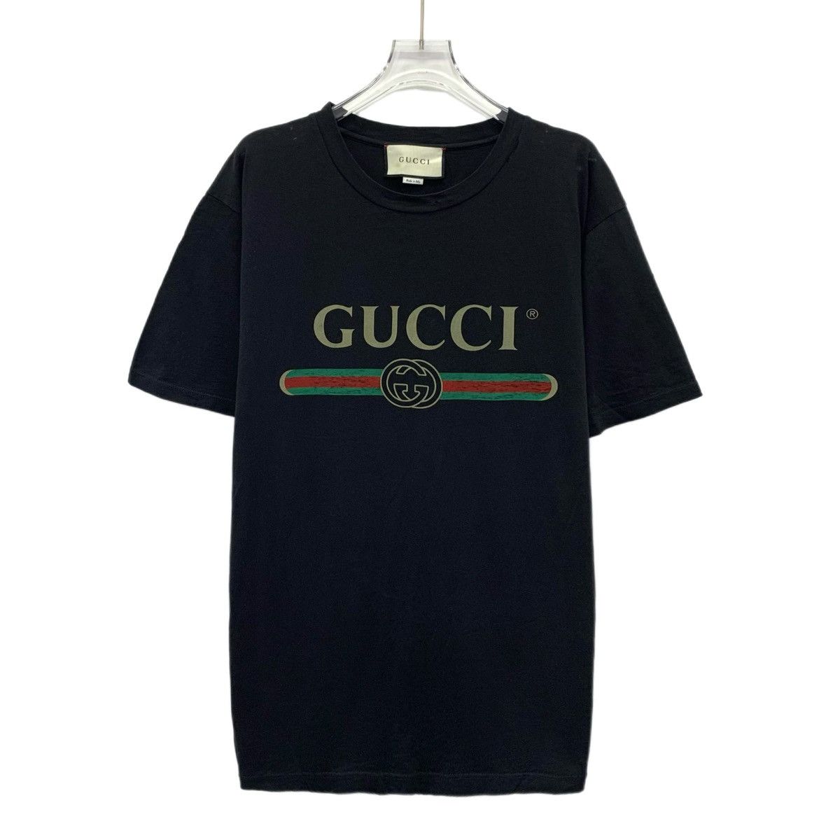 Gucci Gucci Black Logo Stripe Print Cotton Crew Neck T-shirt K26WX Size S / US 4 / IT 40 - 1 Thumbnail