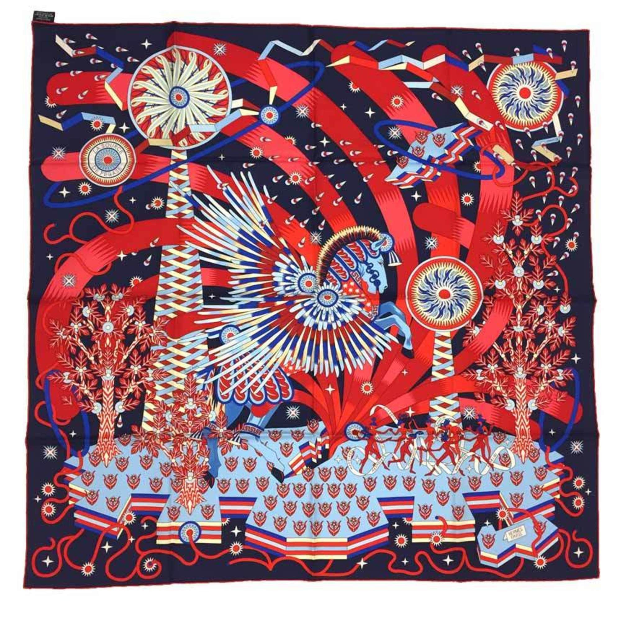 image of Hermes Carre 90 Scarf Muffler La Source De Pegase Of Pegasus Red X Blue Silk Aq7379, Women's