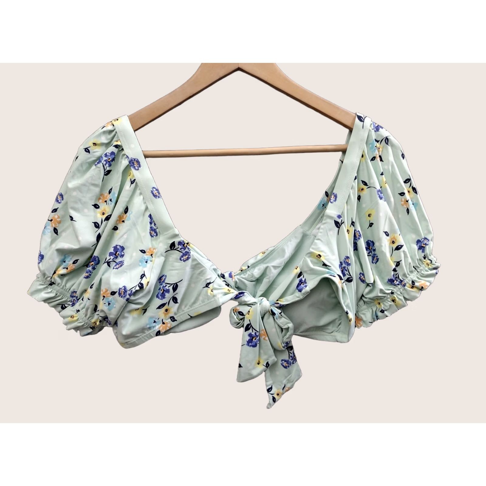Vintage Sea Angel Flower Print Puffed Sleeve Bikini Top Women L Floral Print Beach Pattern Tie-Front Removable Pads Size L / US 10 / IT 46 - 1 Thumbnail
