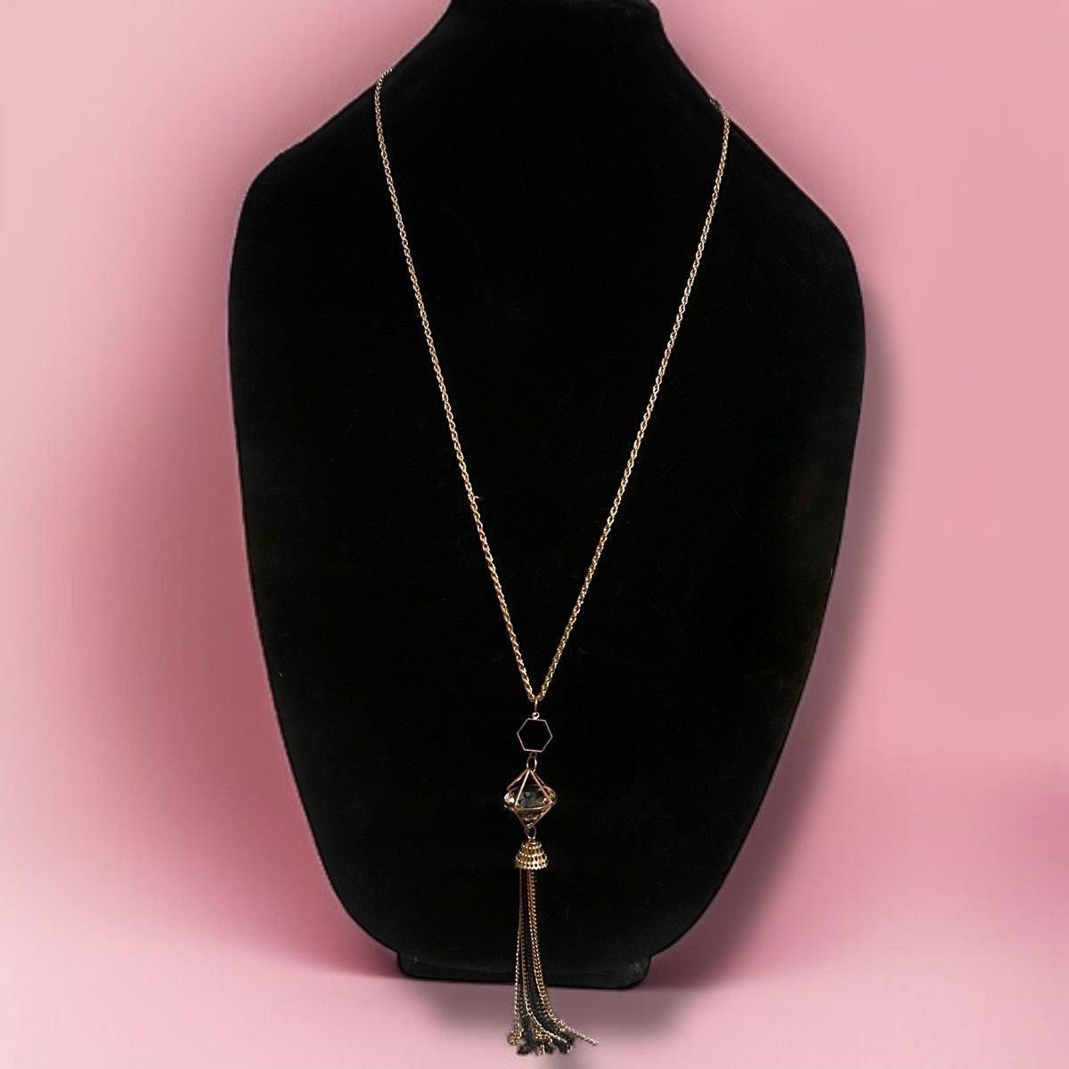 Other Gold tone caged clear gemstone chain tassel necklace Size ONE SIZE - 2 Thumbnail